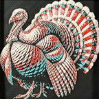 Geometric turkey framed layered 3D art in Crimson Ice color palette, featuring a turkey portrait with cyan, red, magenta, black, and white layered details inside a charcoal matte display frame.