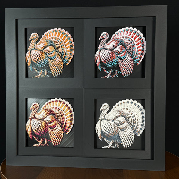 Four-panel framed geometric turkey layered 3D art set showing the turkey design in Heritage, Crimson Ice, Royal Gold, and Teal Orange color palettes inside a charcoal matte four-pack display frame.