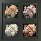 Four-panel framed geometric turkey layered 3D art set showing the turkey design in Heritage, Crimson Ice, Royal Gold, and Teal Orange color palettes inside a charcoal matte four-pack display frame.