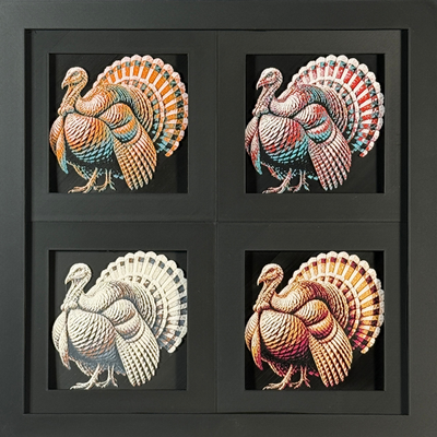 Four-panel framed geometric turkey layered 3D art set showing the turkey design in Heritage, Crimson Ice, Royal Gold, and Teal Orange color palettes inside a charcoal matte four-pack display frame.