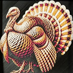 Geometric turkey framed layered 3D art in Royal Gold color palette, featuring a turkey portrait with gold, blue, black, and white layered details inside a charcoal matte display frame.