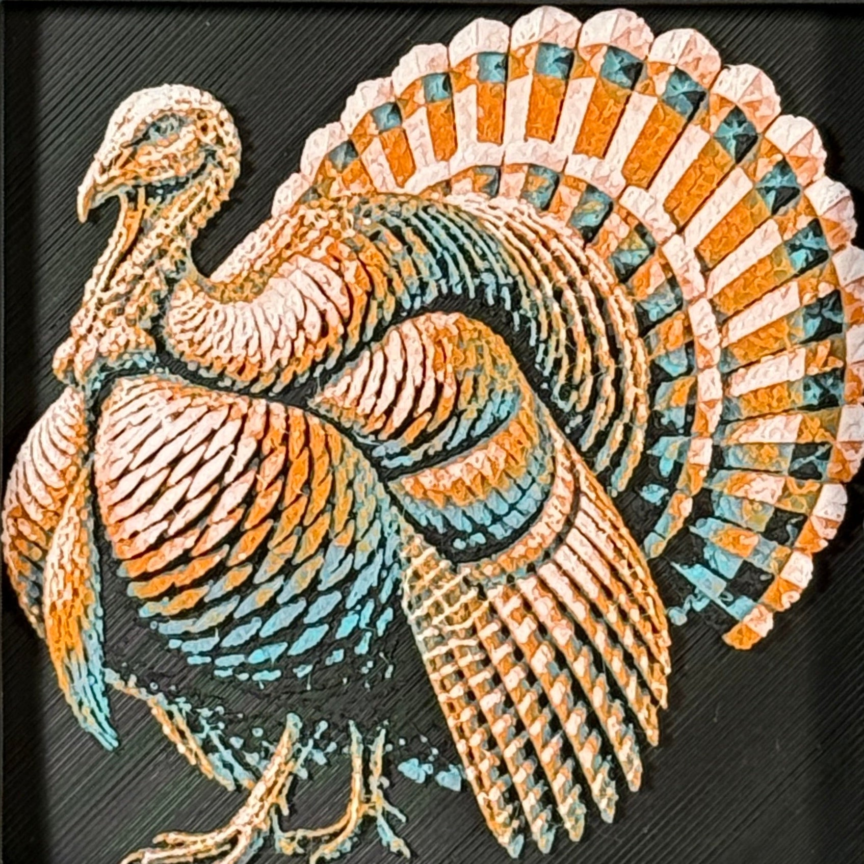 Geometric turkey framed layered 3D art in Teal Orange color palette, featuring a turkey portrait with turquoise, orange, black, and white layered details inside a charcoal matte display frame.