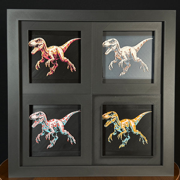 Four-panel framed geometric Velociraptor layered 3D art set showing the Velociraptor design in Heritage, Crimson Ice, Royal Gold, and Teal Orange color palettes inside a charcoal matte four-pack display frame.