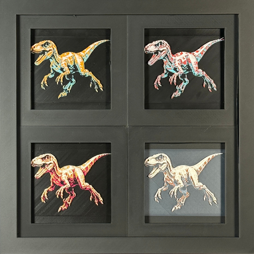 Four-panel framed geometric Velociraptor layered 3D art set showing the Velociraptor design in Heritage, Crimson Ice, Royal Gold, and Teal Orange color palettes inside a charcoal matte four-pack display frame.