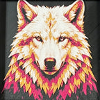 Geometric wolf framed layered 3D art in Crimson Ice color palette, featuring a bold wolf portrait with cyan, red, black, and white layered details inside a charcoal matte display frame.