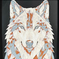 Geometric wolf framed layered 3D art in Heritage color palette, featuring a bold wolf portrait with soft white, gray, black, and neutral layered details inside a charcoal matte display frame.