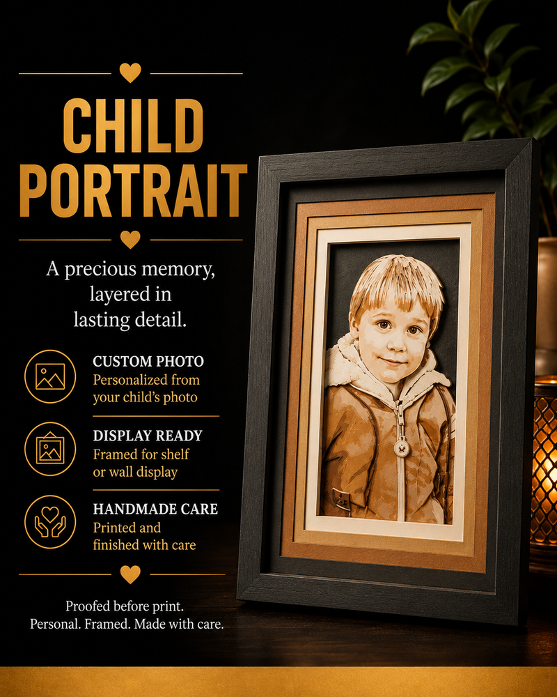 WTx3D Child Portrait category card featuring a custom child portrait framed layered 3D photo art example with a smiling child image and text about custom photo printing in a black-and-gold promotional layout.