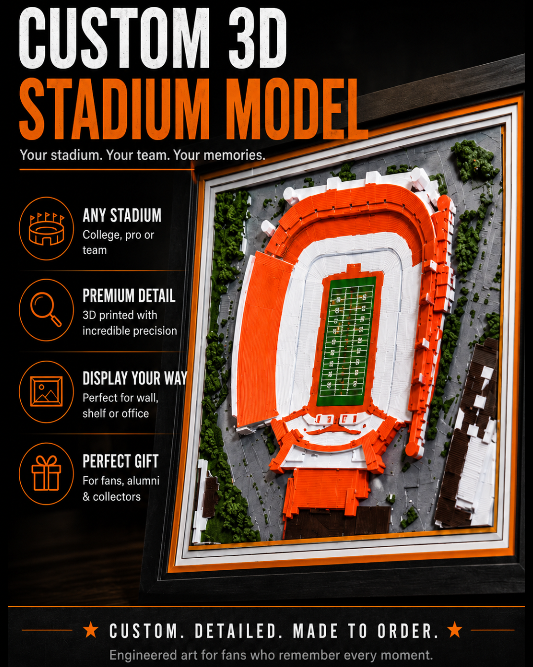 WTx3D Custom 3D Stadium Model category card featuring a dimensional 3D printed sports stadium model in a black-and-gold promotional layout for engineered team fan art.