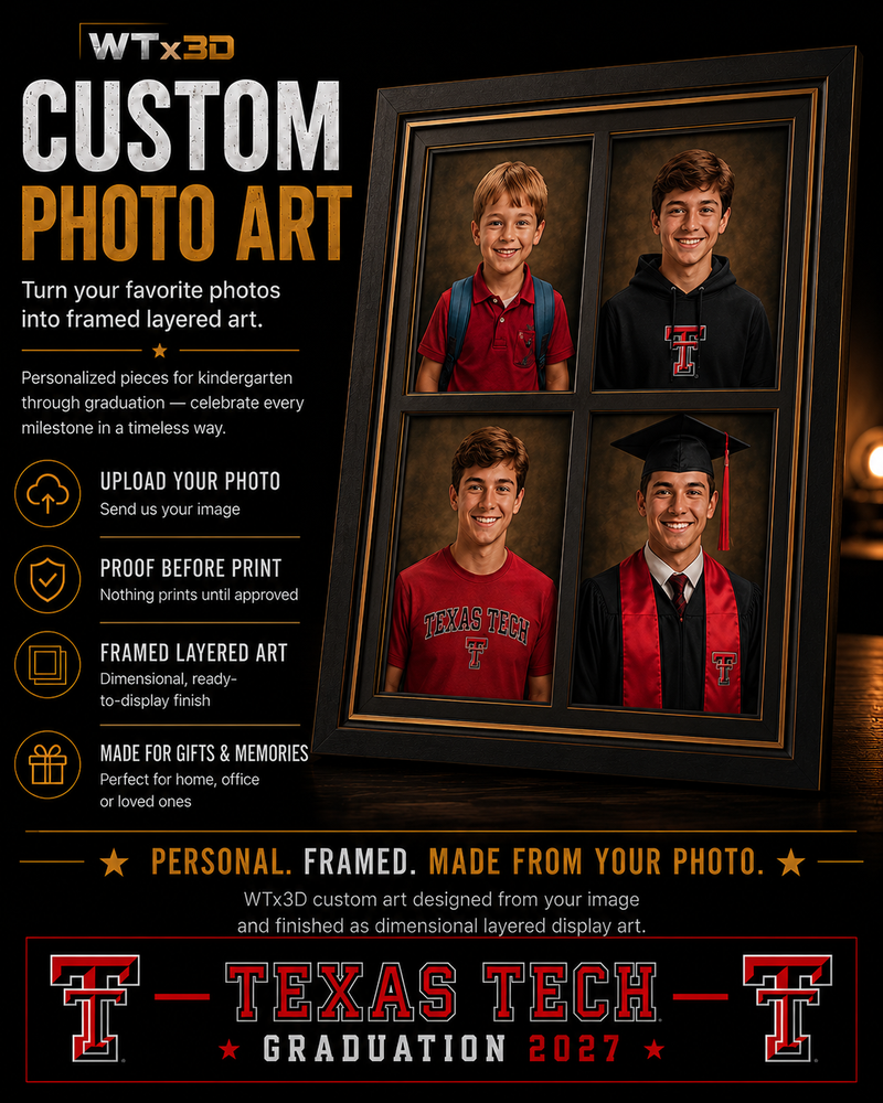 WTx3D Graduation Custom Photo Art category card featuring a custom four-panel framed multi-photo progression showing a student from childhood through Texas Tech graduation, showcased in a black-and-gold promotional layout for milestone memory artwork.
