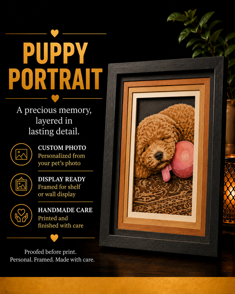WTx3D Puppy Portrait category card featuring a custom pet portrait framed layered 3D photo art example with a fluffy puppy image on a dark background in a black-and-gold promotional layout.