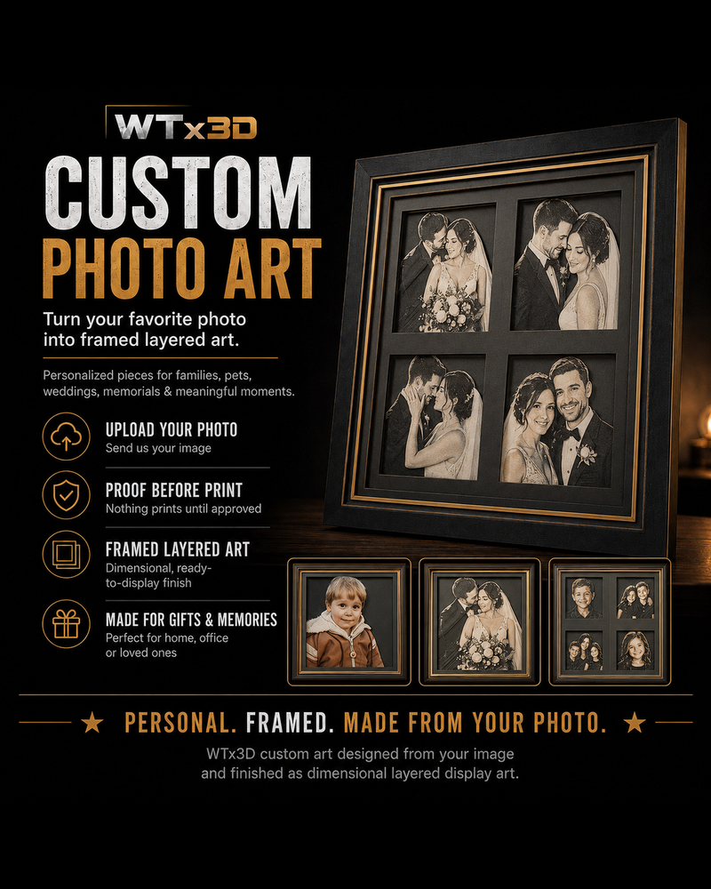 WTx3D Wedding Custom Photo Art category card featuring a custom four-panel framed multi-photo layout of a bride and groom, showcased in a black-and-gold promotional layout for wedding memory artwork.