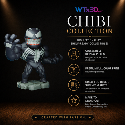 Black symbiote chibi figure, professionally 3D printed collectible display piece by WTx3D.