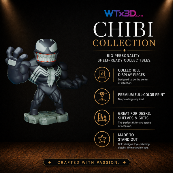 Black symbiote chibi figure, professionally 3D printed collectible display piece by WTx3D.