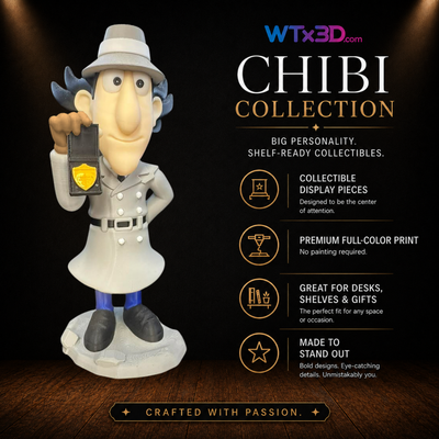 Curious explorer chibi figure, professionally 3D printed collectible display piece by WTx3D.