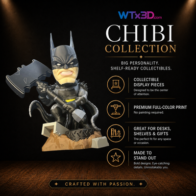 Dark vigilante chibi figure, professionally 3D printed collectible display piece by WTx3D.