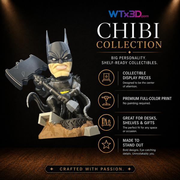 Dark vigilante chibi figure, professionally 3D printed collectible display piece by WTx3D.
