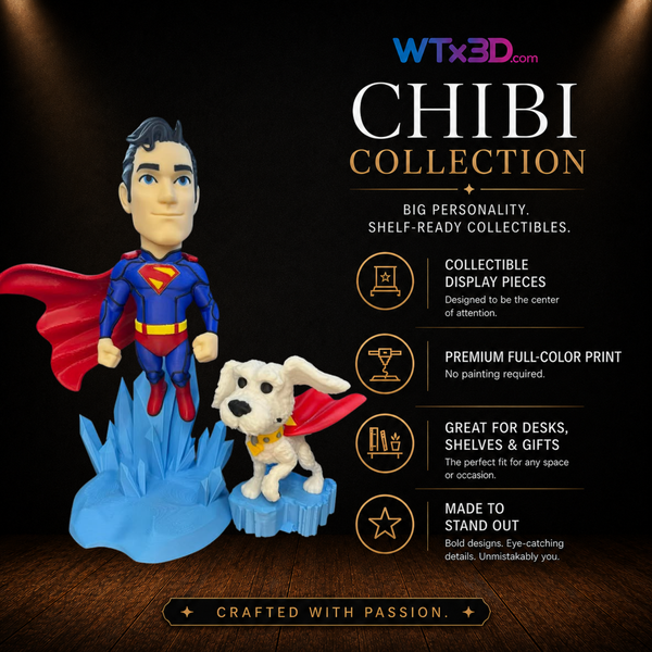 Flying hero and super pup chibi figure, professionally 3D printed collectible display piece by WTx3D.