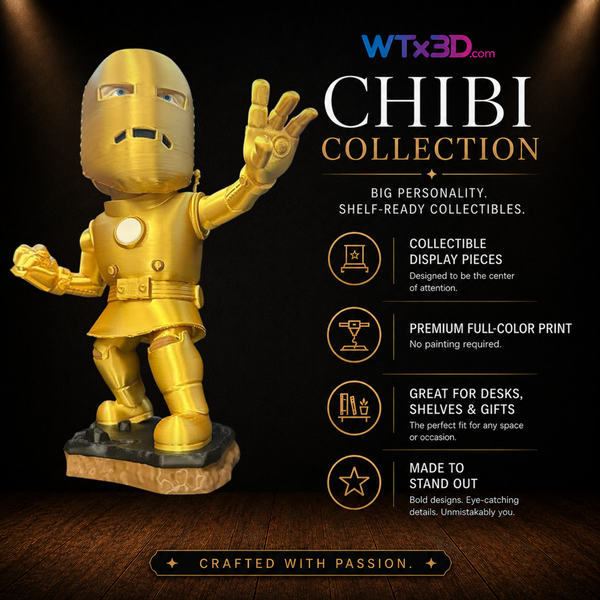 Golden tech hero chibi figure, professionally 3D printed collectible display piece by WTx3D.