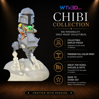 Green child bounty hunter chibi figure, professionally 3D printed collectible display piece by WTx3D.