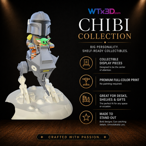 Green child bounty hunter chibi figure, professionally 3D printed collectible display piece by WTx3D.