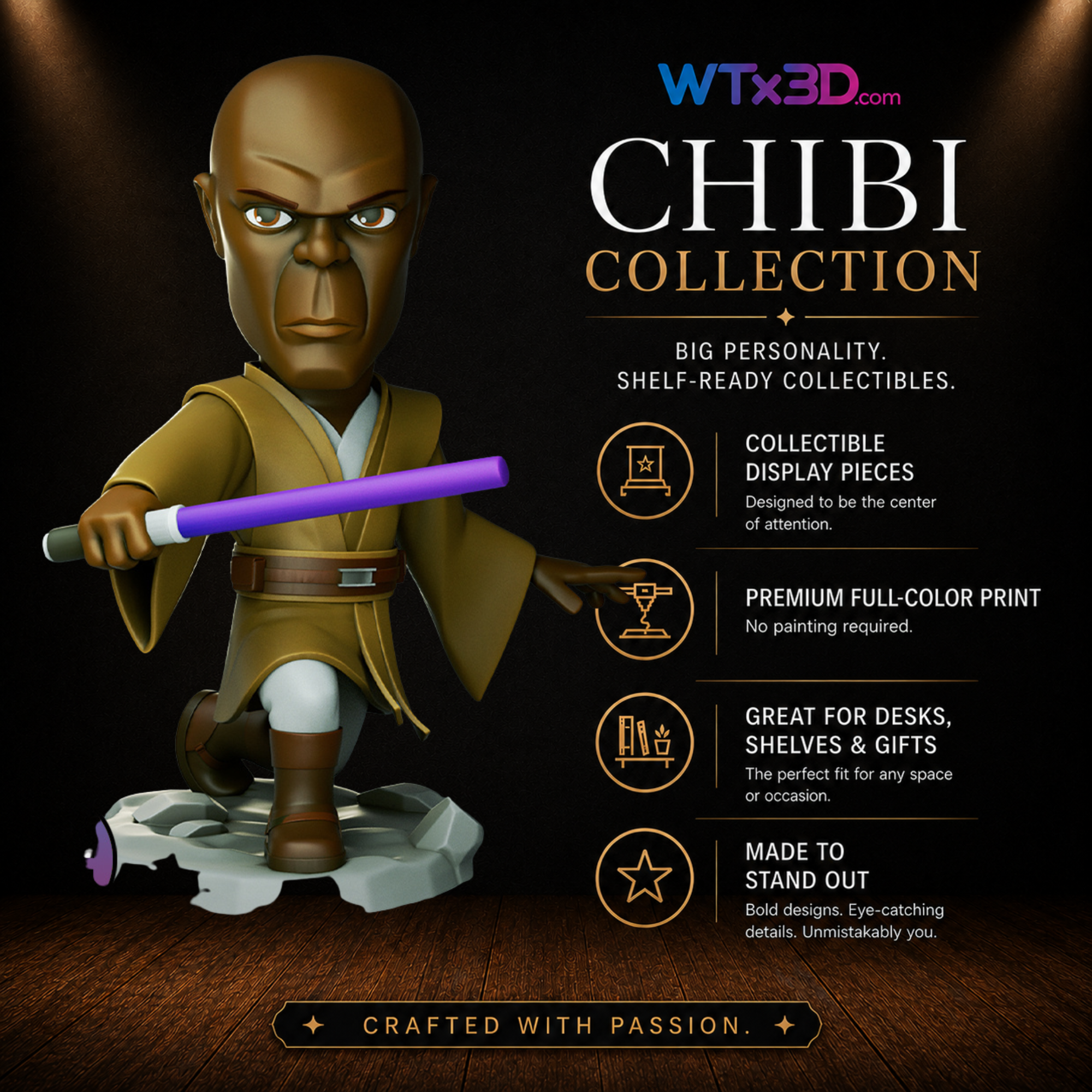 Purple saber master chibi figure, professionally 3D printed collectible display piece by WTx3D.