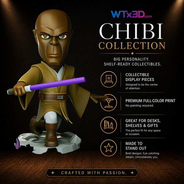 Purple saber master chibi figure, professionally 3D printed collectible display piece by WTx3D.