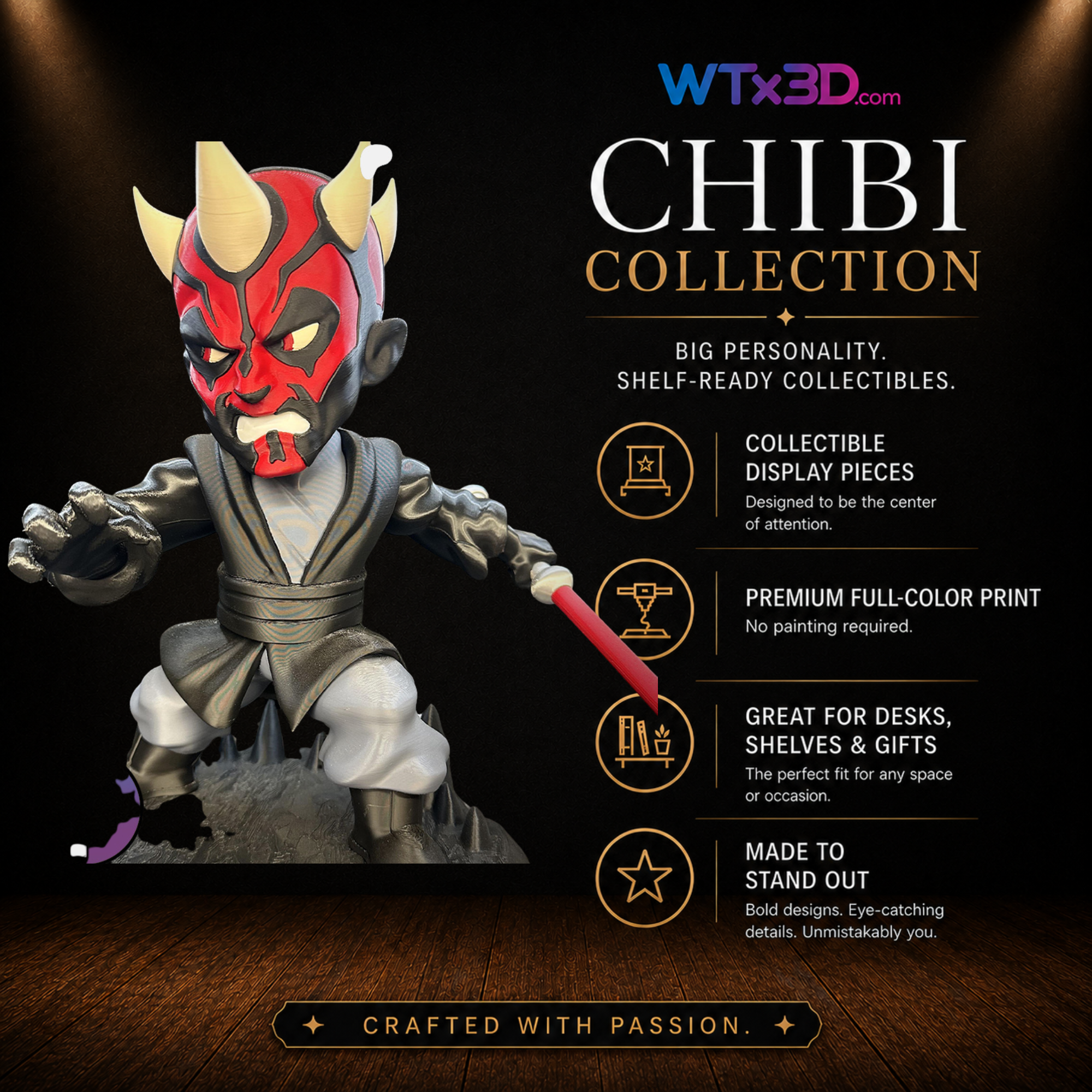 Red horned mercenary chibi figure, professionally 3D printed collectible display piece by WTx3D.