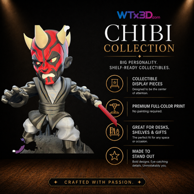 Red horned mercenary chibi figure, professionally 3D printed collectible display piece by WTx3D.