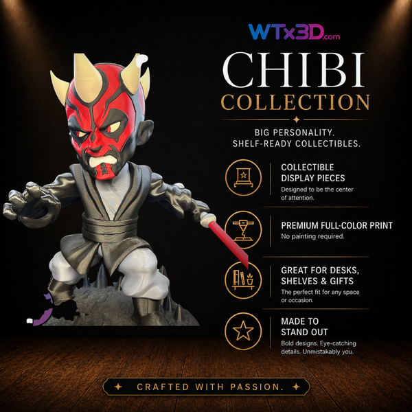 Red horned mercenary chibi figure, professionally 3D printed collectible display piece by WTx3D.