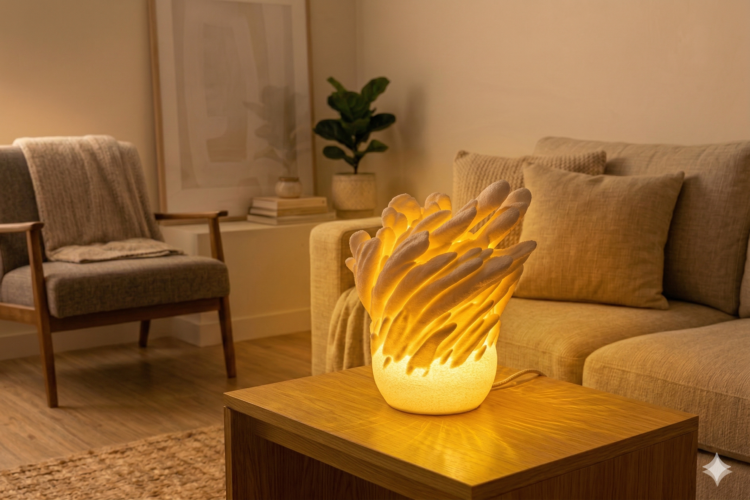 Crazy Fingers 3D printed lamp, displayed in a family room setting.