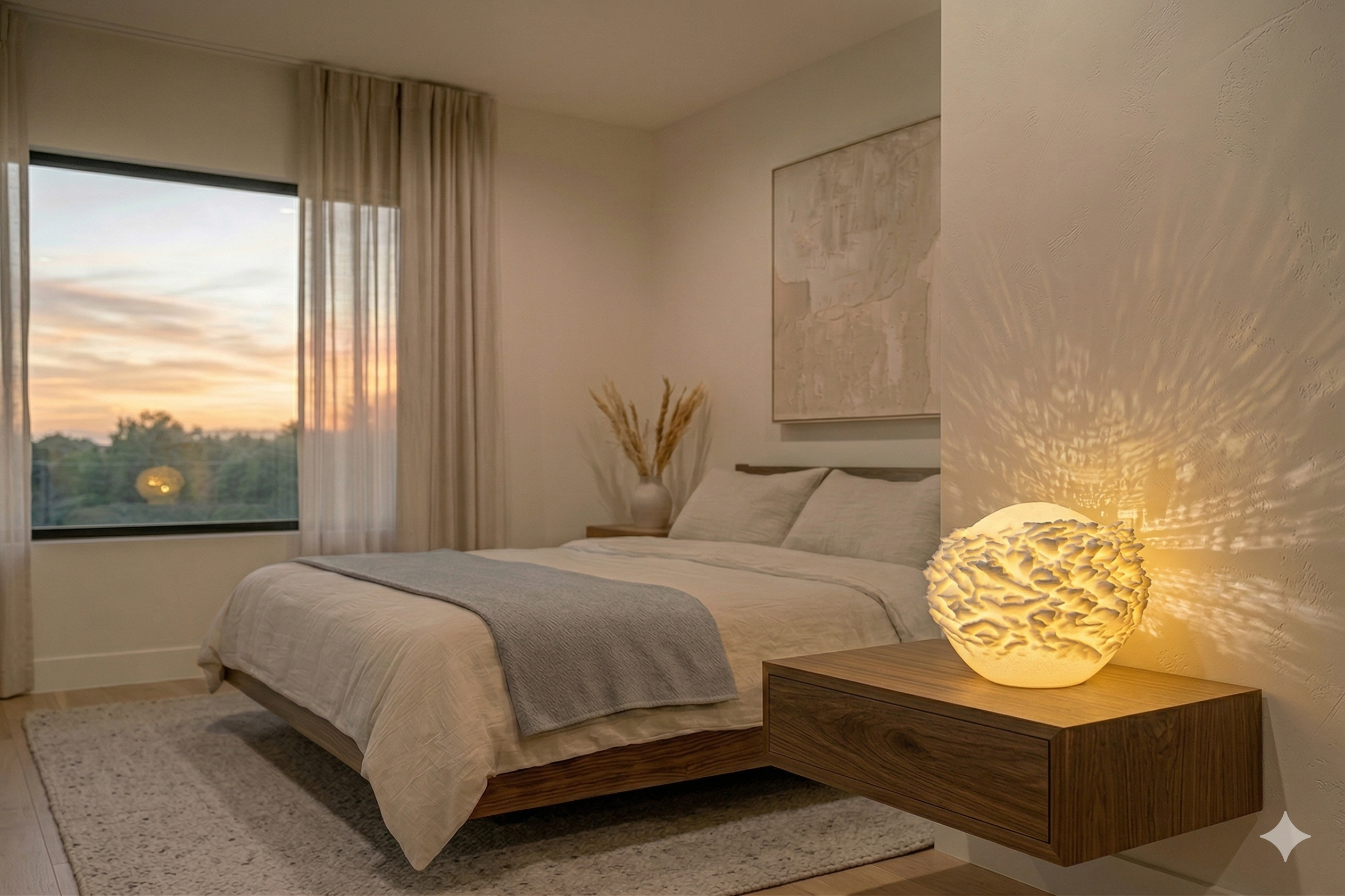 Drums 3D printed lamp, displayed on a nightstand in a bedroom setting.