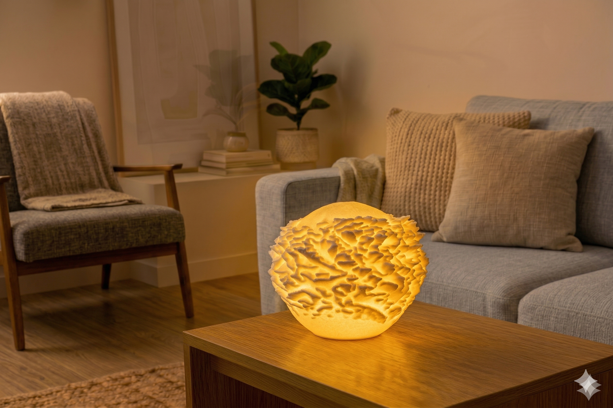 Drums 3D printed lamp, displayed in a family room setting.