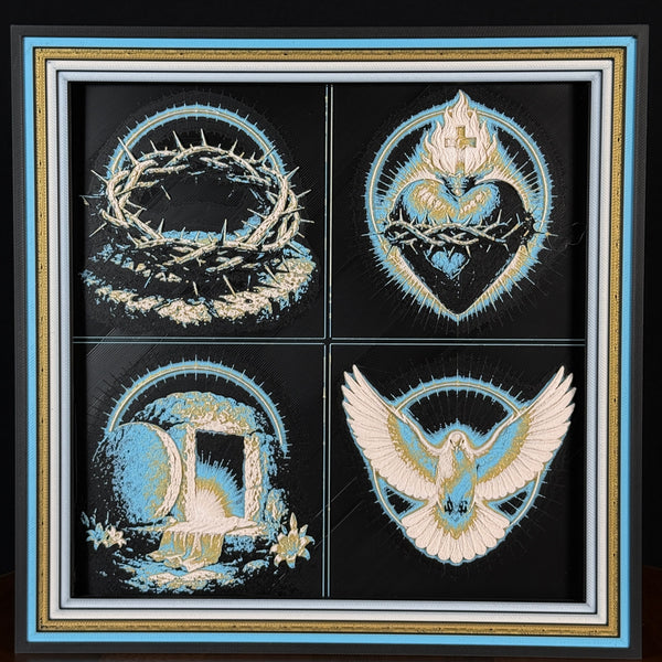 Four-panel framed faith layered 3D art featuring Christian symbols with sacred crosses, spiritual motifs, and blue, gold, black, and white layered accents in a framed 200mm faith display.