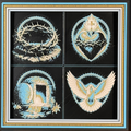 Four-panel framed faith layered 3D art featuring Christian symbols with sacred crosses, spiritual motifs, and blue, gold, black, and white layered accents in a framed 200mm faith display.