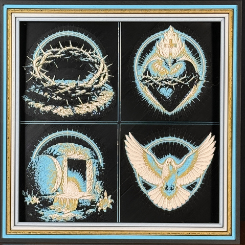 Four-panel framed faith layered 3D art featuring Christian symbols with sacred crosses, spiritual motifs, and blue, gold, black, and white layered accents in a framed 200mm faith display.