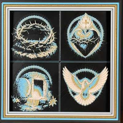 Four-panel framed faith layered 3D art featuring Christian symbols with sacred crosses, spiritual motifs, and blue, gold, black, and white layered accents in a framed 200mm faith display.