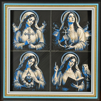 Four-panel framed faith layered 3D art featuring Marian devotion imagery with Mary holding a cross, anchor, sacred heart, and prayer book, accented with blue, gold, black, and white layered details in a framed 200m