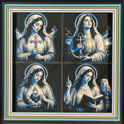 Four-panel framed faith layered 3D art featuring Marian devotion imagery with Mary holding a cross, anchor, sacred heart, and prayer book, accented with blue, gold, black, and white layered details in a framed 200m