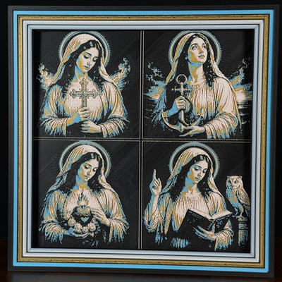 Four-panel framed faith layered 3D art featuring Marian devotion imagery with Mary holding a cross, anchor, sacred heart, and prayer book, accented with blue, gold, black, and white layered details in a framed 200mm faith display.