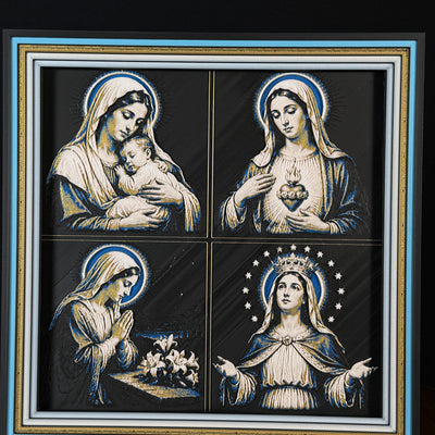 Four-panel framed faith layered 3D art featuring Marian devotion imagery with Mary and child, Immaculate Heart, prayer with lilies, and crowned Mary with halo and stars, accented with blue, gold, black, and white layered details in a framed 200mm faith display.