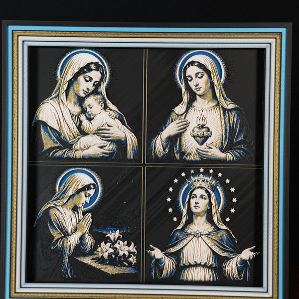 Four-panel framed faith layered 3D art featuring Marian devotion imagery with Mary and child, Immaculate Heart, prayer with lilies, and crowned Mary with halo and stars, accented with blue, gold, black, and white layered details in a framed 200mm faith display.