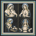 Four-panel framed faith layered 3D art featuring Marian devotion imagery with Mary and child, Immaculate Heart, prayer with lilies, and crowned Mary with halo and stars, accented with blue, gold, black, and white layered details in a framed 200mm faith display.