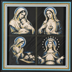 Four-panel framed faith layered 3D art featuring Marian devotion imagery with Mary and child, Immaculate Heart, prayer with lilies, and crowned Mary with halo and stars, accented with blue, gold, black, and white layered details in a framed 200mm faith display.