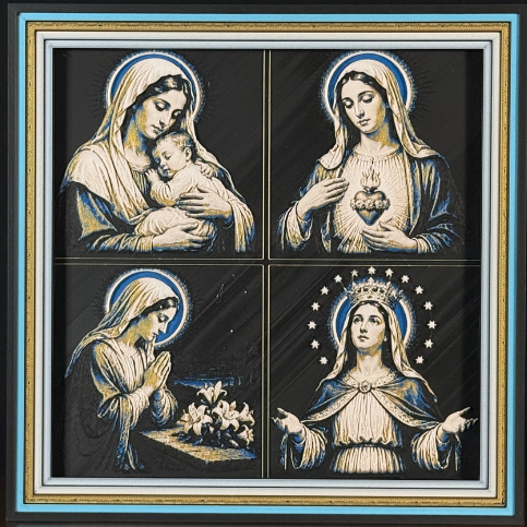 Four-panel framed faith layered 3D art featuring Marian devotion imagery with Mary and child, Immaculate Heart, prayer with lilies, and crowned Mary with halo and stars, accented with blue, gold, black, and white layered details in a framed 200mm faith display.