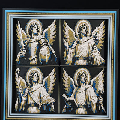 WTx3D FAITH Archangel Warriors four panel framed layered art image featuring four coordinated warrior angel Christian images in one framed faith art display.