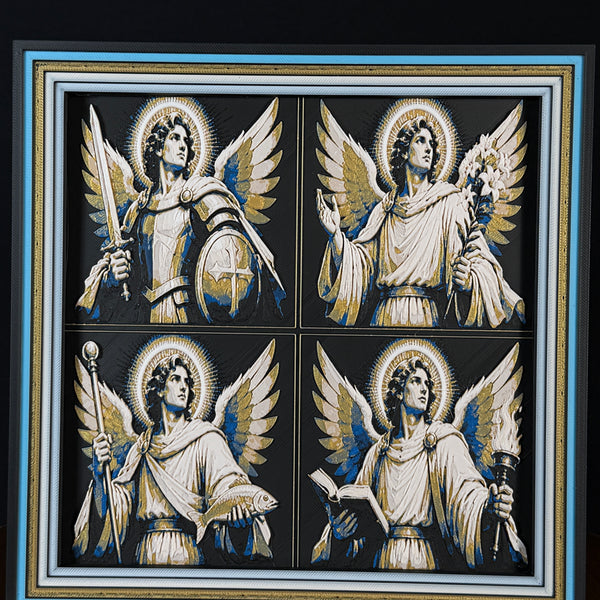 WTx3D FAITH Archangel Warriors four panel framed layered art image featuring four coordinated warrior angel Christian images in one framed faith art display.