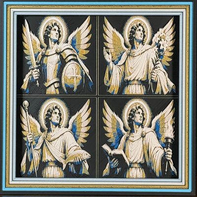 WTx3D FAITH Archangel Warriors four panel framed layered art image featuring four coordinated warrior angel Christian images in one framed faith art display.