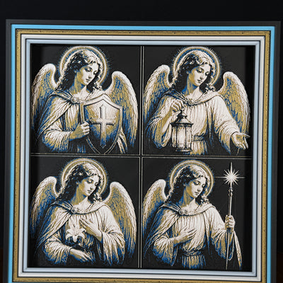 WTx3D FAITH Archangels four panel framed layered art image featuring four coordinated angel-inspired Christian archangel images in one framed faith art display.