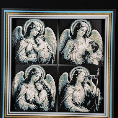 WTx3D FAITH Cherub Angels four panel framed layered art image featuring four coordinated angel-and-child Christian images in one framed faith art display.