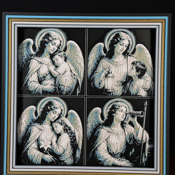 WTx3D FAITH Cherub Angels four panel framed layered art image featuring four coordinated angel-and-child Christian images in one framed faith art display.